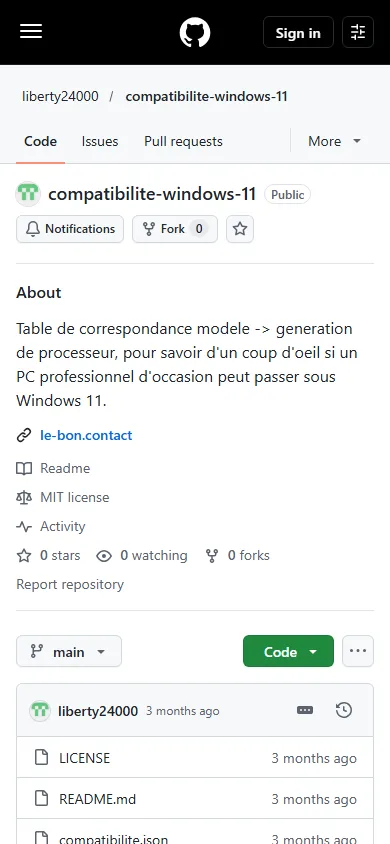 Le dépôt sur GitHub (mobile)