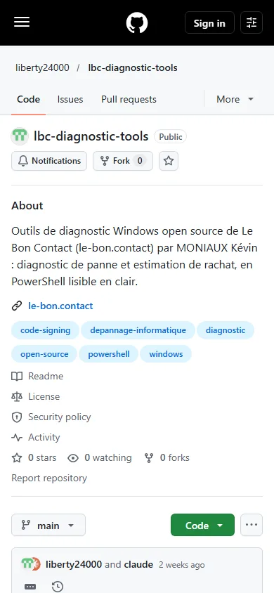 Le dépôt sur GitHub (mobile)