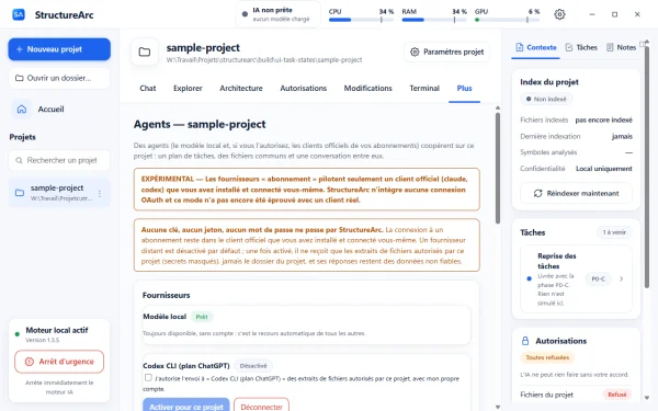 Écran Agents : fournisseurs désactivés par défaut, aucune clé ne passe par l'application