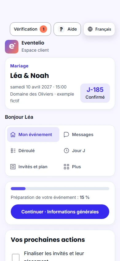 Espace client d’Eventelio sur téléphone : dates du mariage, progression de la préparation et rubriques