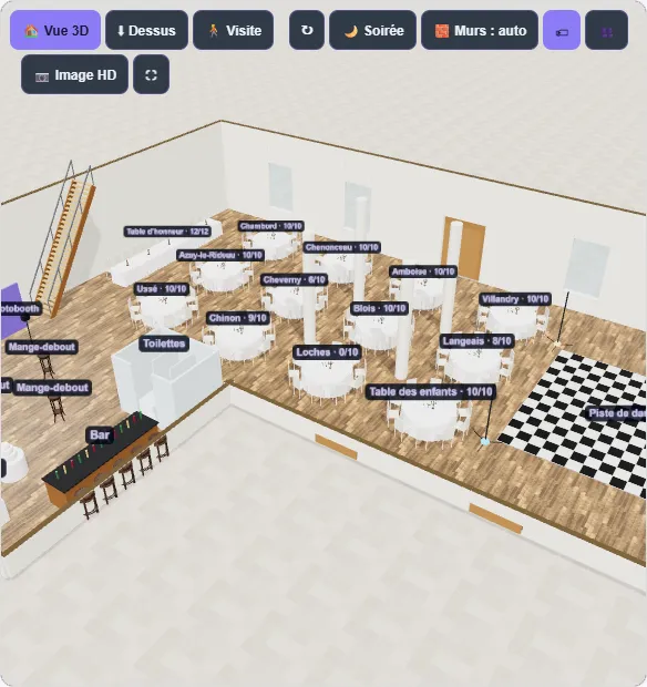 Plan 3D d’une salle de réception affiché sur un téléphone, avec les noms des tables